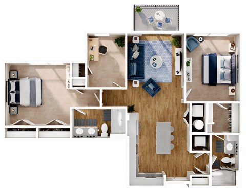Floor plan for 2 beds, 2 baths, 1240 sqft